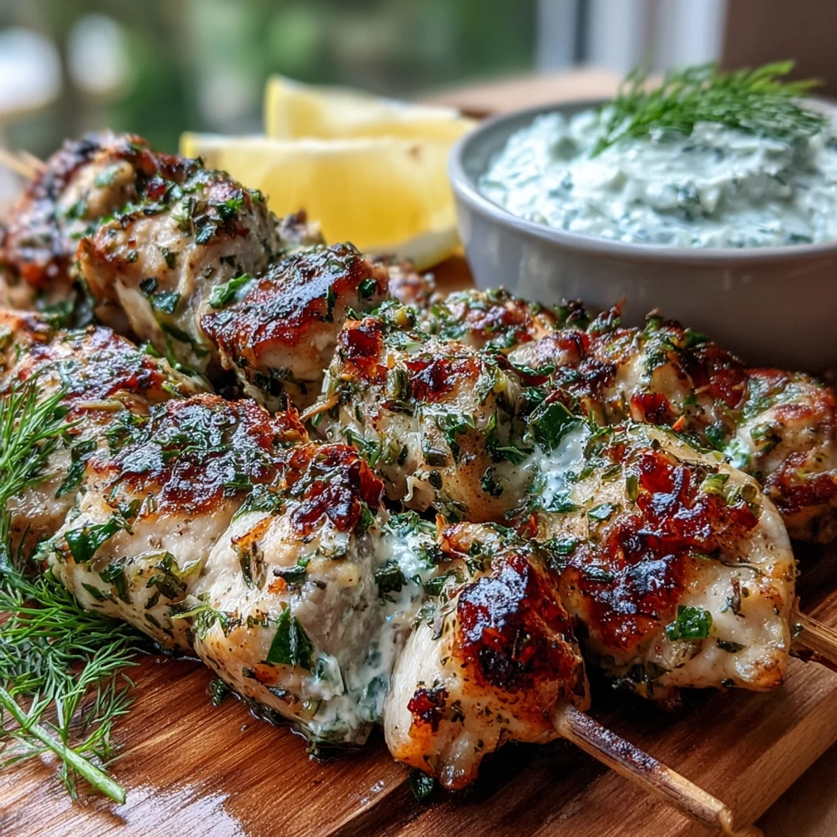Tender cubes of chicken on skewers beside a bowl of cool Light Lemon Herb Chicken Skewers with Tzatziki, highlighted with dill and lemon.