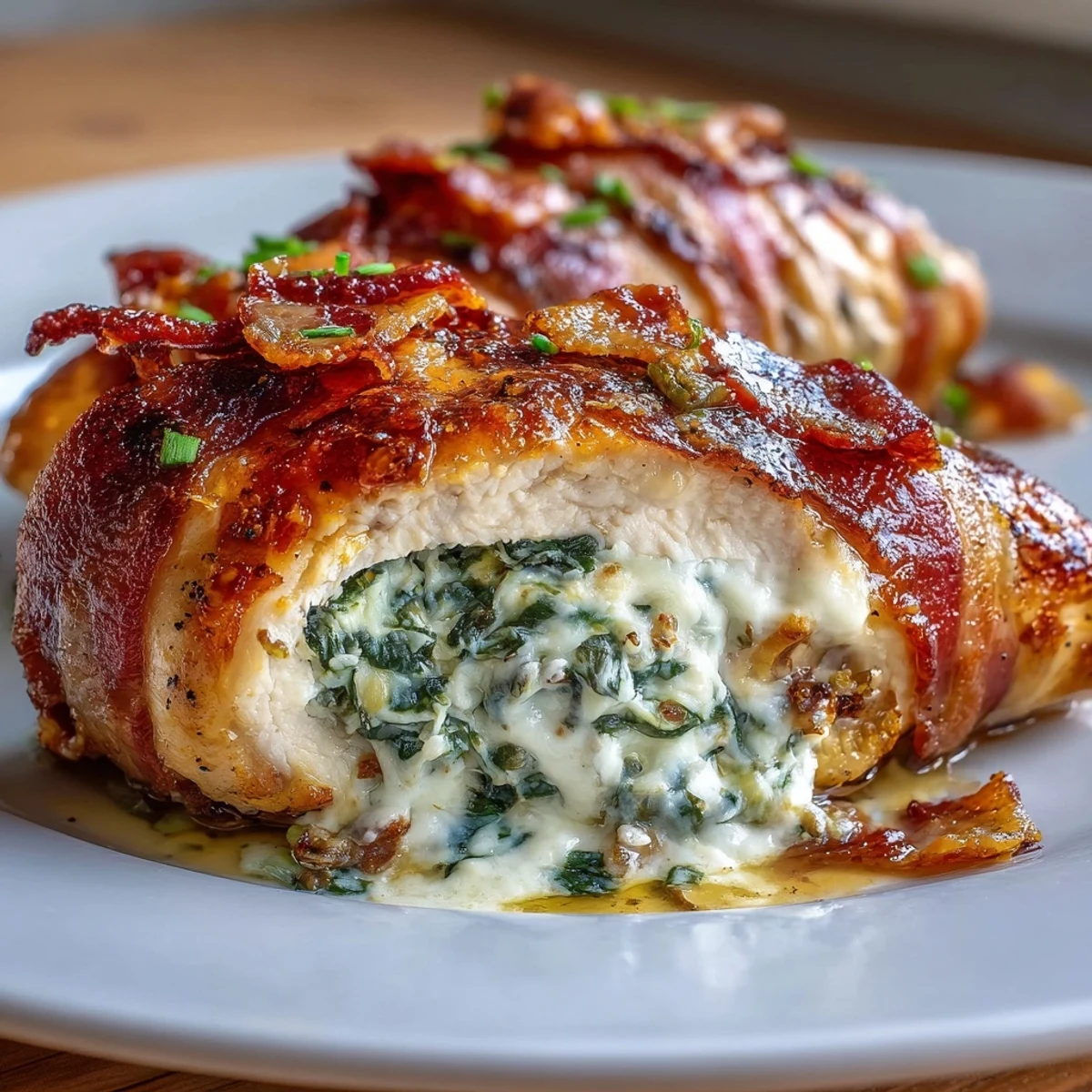 Savory Keto Spinach and Bacon Stuffed Chicken Breasts served on a white plate, garnished with parsley and ready to eat.