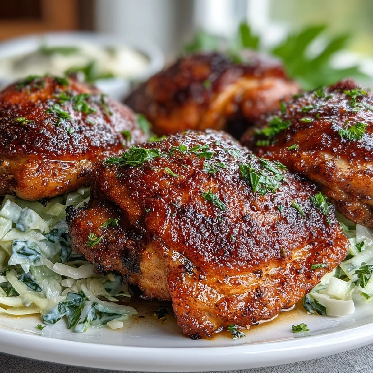 Juicy Keto Crispy Chicken Thighs baked to perfection served alongside a zesty lemon butter cabbage slaw on a white plate.