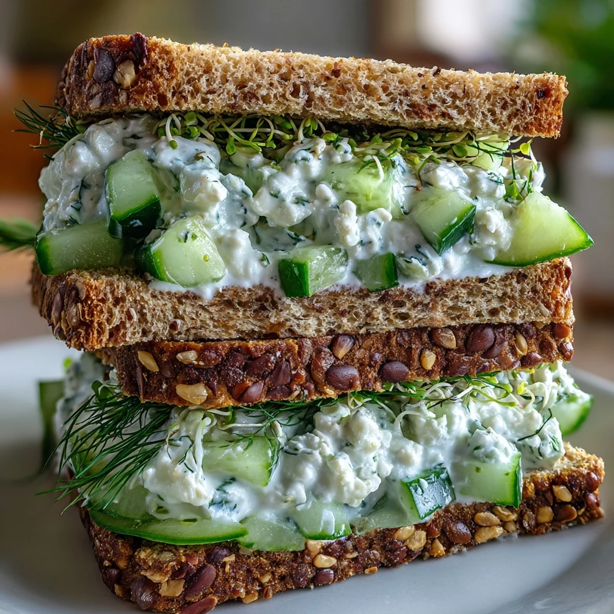 Open-faced Easy Cucumber Salad Sandwiches garnished with fresh dill, served on a rustic wooden board.