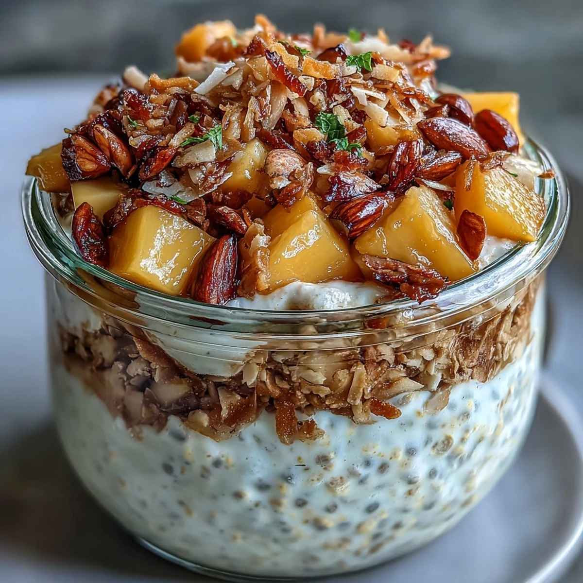 A tropical vegan breakfast jar layered with creamy mango overnight oats, chia seeds, and crunchy toasted coconut.