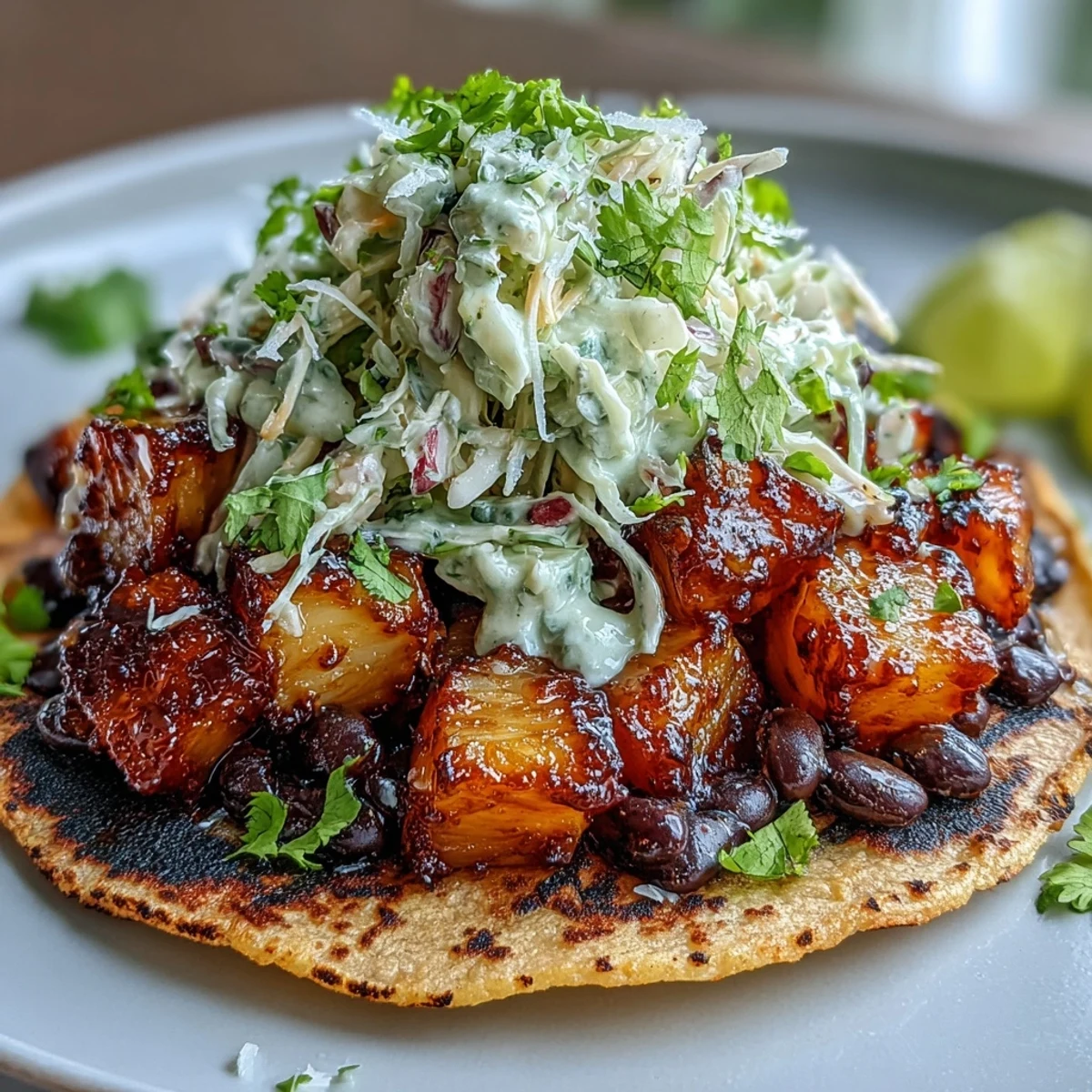 Colorful vegan tacos with pineapple black bean filling and creamy coconut lime slaw, served on warm corn tortillas.  