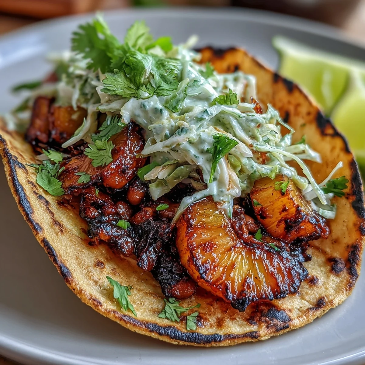 Vibrant tropical tacos featuring sweet pineapple, savory black beans, and zesty coconut lime slaw, perfect for a fresh vegan meal.  