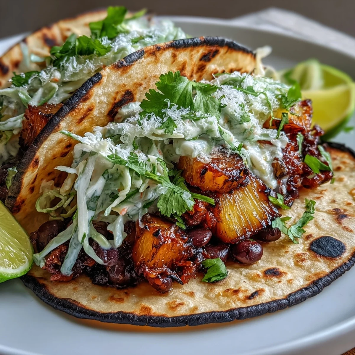 Delicious plant-based tacos loaded with caramelized pineapple, hearty black beans, and crunchy coconut lime slaw, garnished with cilantro and jalapeño.