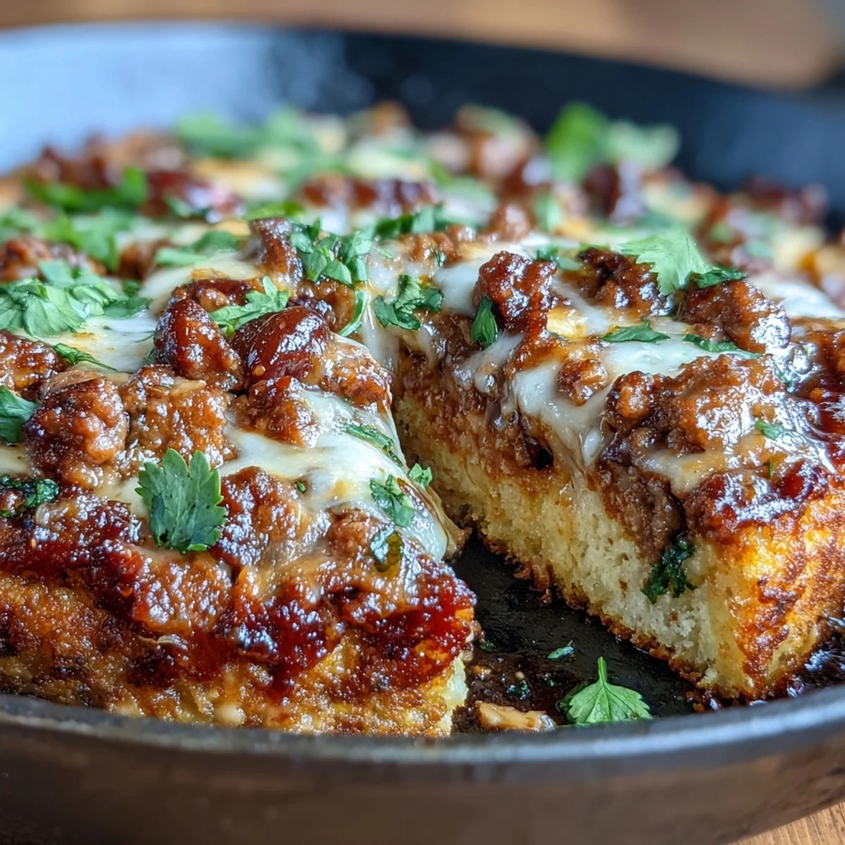 Cheesy cauliflower crust taco skillet with seasoned ground beef and melty cheddar cheese topping.