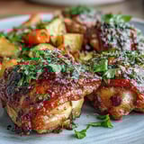 A serving of Crispy Ranch Sheet Pan Chicken & Veggies features juicy bone-in chicken alongside tender, caramelized vegetables.