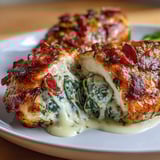 Thick chicken breasts sliced open to reveal a creamy filling of spinach, melted mozzarella, and crispy bacon crumbles.