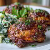 Golden-brown Keto Crispy Chicken Thighs with crackling skin sit atop bright cabbage, green onions, and parsley in a bowl.