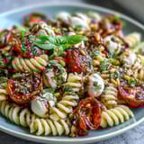Colorful Caprese-style pasta salad featuring juicy tomatoes, creamy mozzarella, and fragrant basil for a refreshing summer meal.