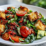 Golden, charred bread chunks mingle with ripe tomatoes in this rustic Summer Panzanella salad.