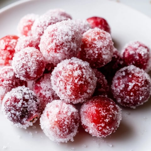 Vibrant 5-Minute Express Candied Cranberries, coated in glistening sugar crystals and perfect for holiday garnishes.