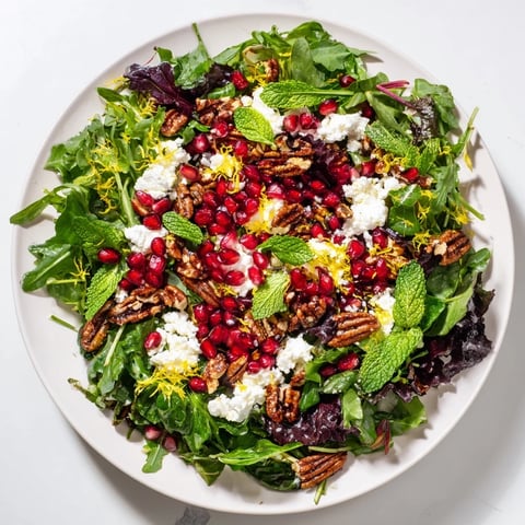 Vibrant Pomegranate Feta Wreath Salad with ruby red pomegranate seeds and creamy feta.