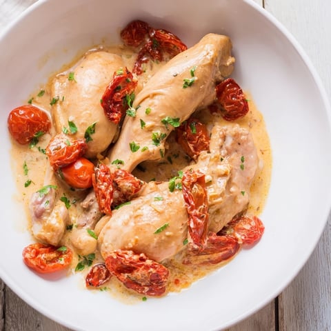 Golden-brown sections of Marry Me Chicken Thigh Express immersed in creamy, vibrant tomato sauce, ready to serve.