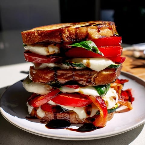Sheet-Pan Roasted Veggie Caprese Grilled Cheese with melted mozzarella, roasted vegetables and golden sourdough.