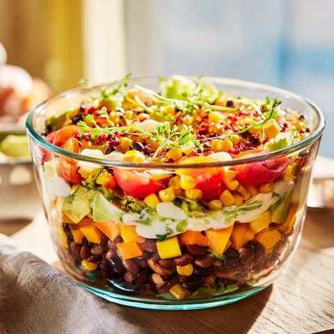 Southwest Sunset Palette salad features vibrant layers including cheese and black beans.