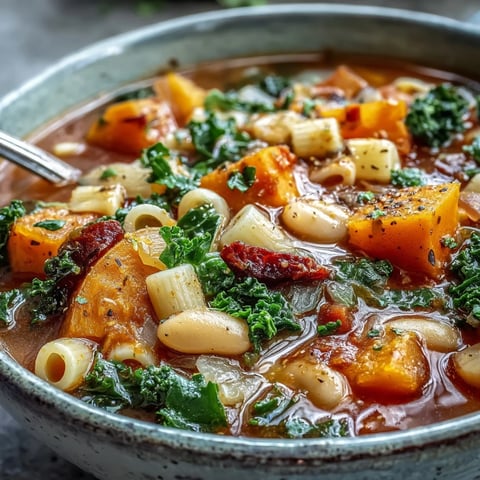 A steaming bowl of Winter Minestrone Soup with butternut squash and kale served with grated Parmesan and crusty bread.