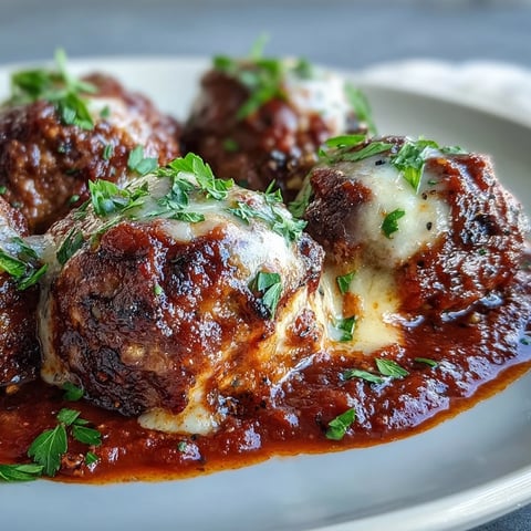 Golden-brown Cheesy, Garlicky Meatballs With Marinara served over spaghetti, garnished with fresh basil.