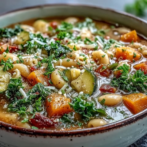 A steaming bowl of Winter Minestrone Soup, packed with colorful kale, butternut squash, and beans, ready to serve with crusty bread.