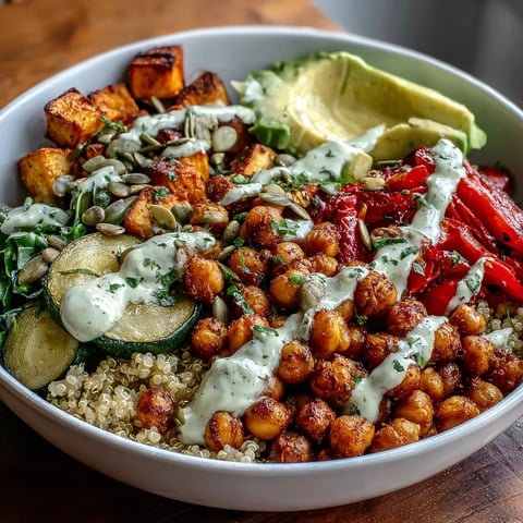 Close-up of the finished Chickpea Power Bowl, featuring spiced chickpeas, roasted vegetables, and a creamy tahini drizzle.