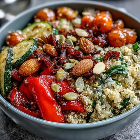 Vibrant Veggie and Quinoa Power Bowl with roasted vegetables, beans, nuts, and a zesty lemon vinaigrette on a rustic table. 