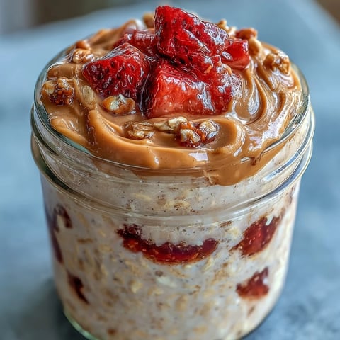 High-Protein Peanut Butter & Jelly Overnight Oats in a glass jar, featuring creamy oat layers, a rich peanut butter swirl, and a vibrant strawberry jam topping.
