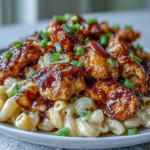 Golden Sticky Honey BBQ Chicken Pasta Skillet with melted cheddar and green onions garnish, steaming hot.