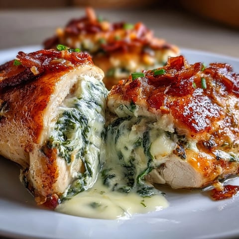 Golden-brown Keto Spinach and Bacon Stuffed Chicken Breasts resting in a baking dish, drizzled with garlic butter and fresh parsley.