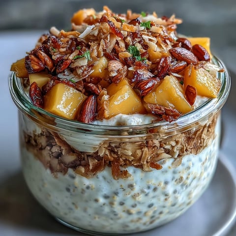 A tropical vegan breakfast jar layered with creamy mango overnight oats, chia seeds, and crunchy toasted coconut.