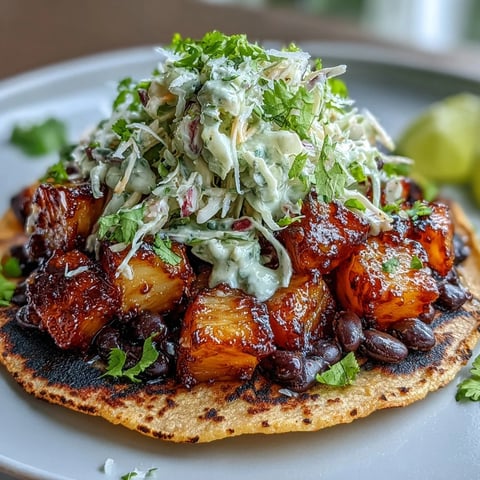 Colorful vegan tacos with pineapple black bean filling and creamy coconut lime slaw, served on warm corn tortillas.  