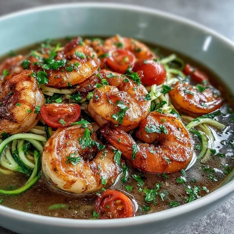 A steaming bowl of zucchini noodle shrimp dish with lemon-garlic broth and fresh parsley garnish.