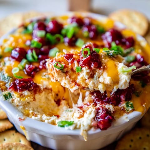 Deliciously creamy Cranberry Jalapeño Dip Cheddar Melt, served warm with crunchy chips.  