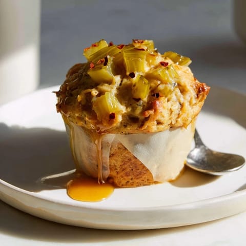 Savory muffins bursting with dill pickle and chili flavors, drizzled with maple glaze.  