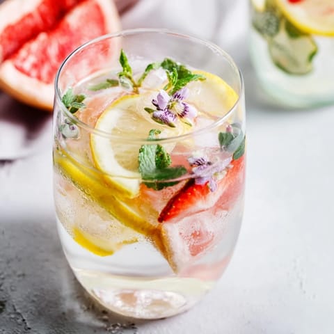 Hydrating Water-Based Mocktails with sliced lemon, lime, and vibrant mint leaves.  