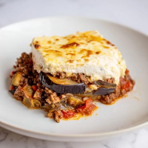 A steaming, bubbly slice of the flavorful moussaka, filled with savory beef and tender eggplant.