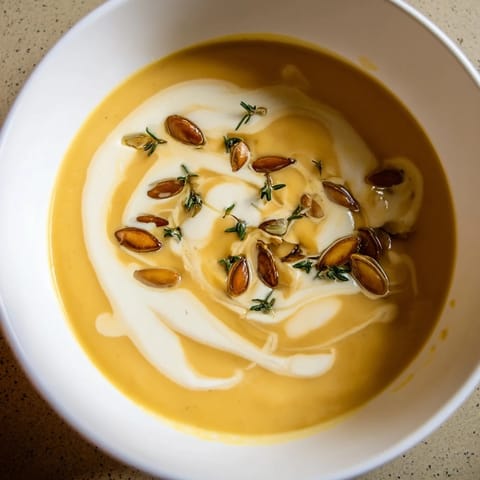 A golden bowl of creamy roasted acorn squash soup, garnished with fresh thyme and pepitas.