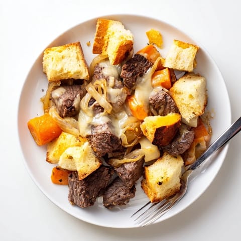 A close-up of a steaming French Onion Pot Roast Casserole, showcasing tender beef and crusty bread.