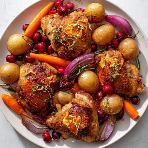 Vibrant image of a pan filled with One-Pan Olive Oil Roast Chicken bursting with colorful roasted cranberries.