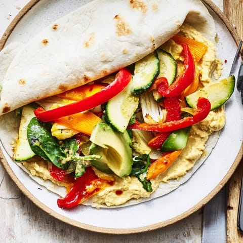 Savory Snowflake Hummus & Roasted Veggie Wrap with perfectly folded layers and a creamy hummus filling.