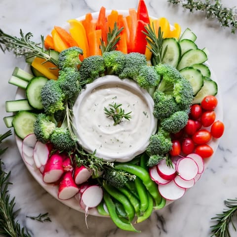 Festive Wreath Veggie Dip Platter: a delicious, healthy appetizer with a central creamy dip surrounded by veggies.