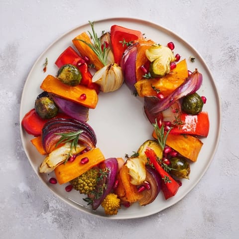 A delicious, inviting image of a Festive Vegetable Christmas Wreath with roasted, caramelized vegetables.