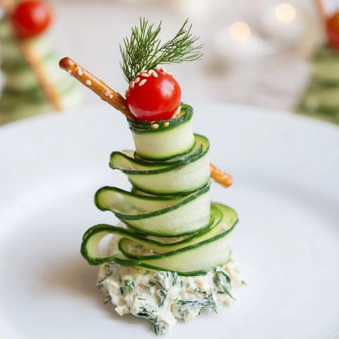 Spiral cucumber ribbon Christmas trees appetizer: Crisp cucumber ribbons with creamy cheese, a festive holiday treat.