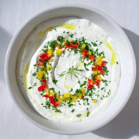 Fresh bell pepper strips with herbed Greek yogurt dip: a colorful, healthy snack for any gathering.