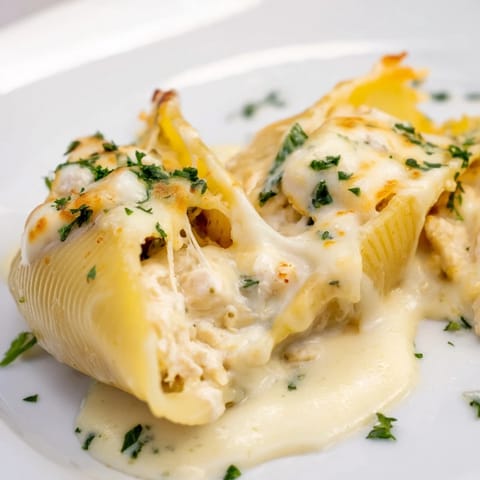 Close-up of a spoon scooping into a tender jumbo pasta shell filled with creamy, cheesy chicken Alfredo mixture.  