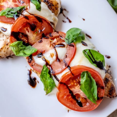 Caprese Chicken Skillet features juicy chicken breasts topped with creamy mozzarella and tangy balsamic glaze, ready for a low-carb weeknight dinner.