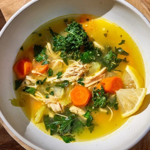 Golden high protein lemon turmeric chicken soup, a bright, comforting bowl.