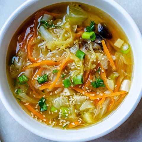 Ginger-Miso Winter Soup simmering in a pot with vibrant shiitake mushrooms, carrots, and napa cabbage.