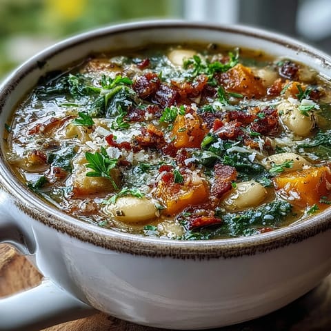 Fall Minestrone features butternut squash, kale, white beans, and ditalini pasta in rich broth. Ideal cozy comfort food served with crusty bread. 