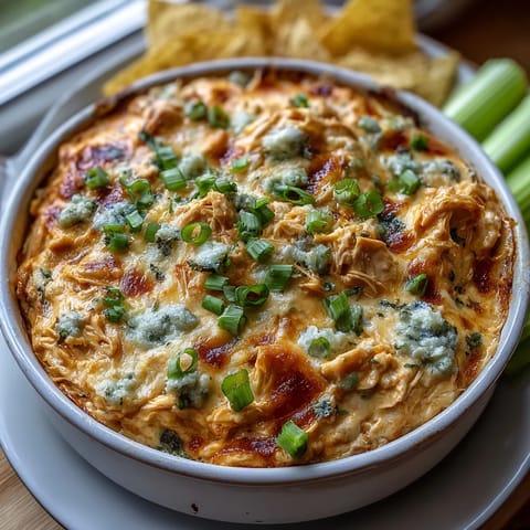 Freshly stirred Crock Pot Buffalo Chicken Dip topped with scallions, paired with crunchy tortilla chips for game day.