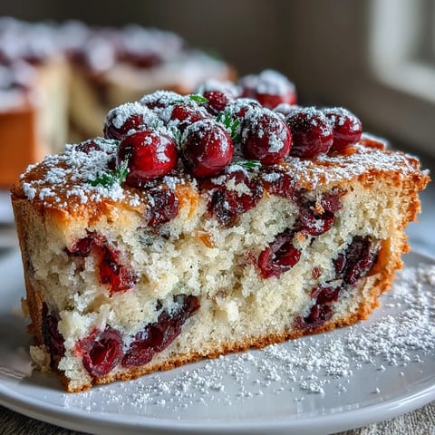 Overhead view of Cranberry Orange Breakfast Cake in a round pan, revealing moist texture and vibrant fruit flecks on a rustic wooden table.