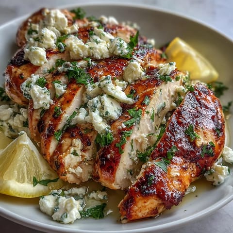 Sliced Greek Chicken with Lemon and Feta served over a bed of fluffy rice, drizzled with olive oil.